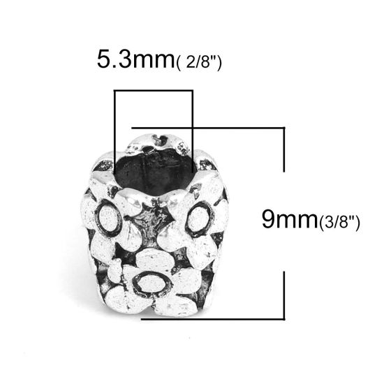 亜鉛合金 スペーサー ビーズ 円筒形 銀古美 花彫刻 約 9mm x 9mm、 穴：約 5.3mm、 10 個 の画像