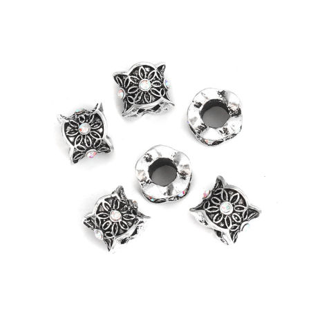 Zamak Cuentas Cilíndrico Plata Antigua Flor AB Color Rhinestone Aprox 10mm x 9mm, Agujero: Aprox 5.1mm, 10 Unidades