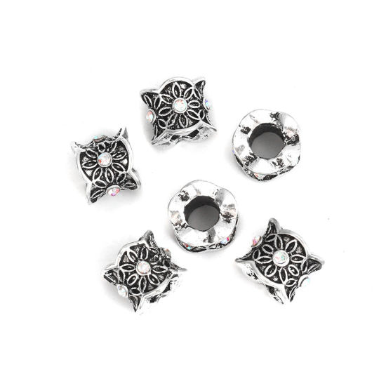Immagine di Lega di Zinco Perline Cilindrico Argento Antico Fiore Scolpisce AB Colore Strass Circa 10mm x 9mm, Foro:Circa 5.1mm, 10 Pz