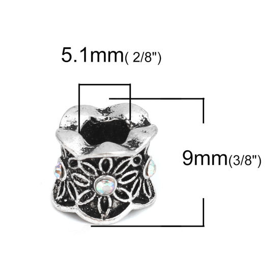 Immagine di Lega di Zinco Perline Cilindrico Argento Antico Fiore Scolpisce AB Colore Strass Circa 10mm x 9mm, Foro:Circa 5.1mm, 10 Pz
