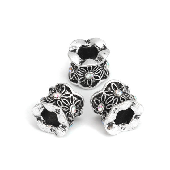 Immagine di Lega di Zinco Perline Cilindrico Argento Antico Fiore Scolpisce AB Colore Strass Circa 10mm x 9mm, Foro:Circa 5.1mm, 10 Pz