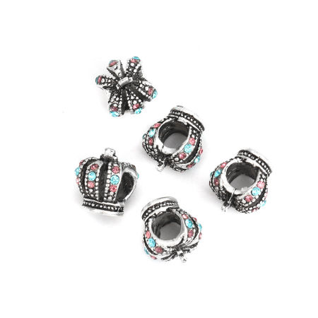 Zinc Based Alloy Spacer Beads Crown Antique Silver Color Blue Rhinestone Hollow About 12mm x 12mm, Hole: Approx 5.1mm, 5 PCs