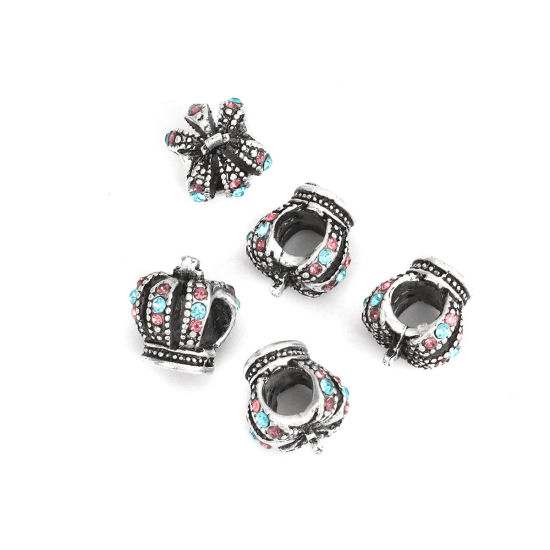 Image de Perles en Alliage de Zinc Couronne Argent Vieilli à Strass Bleu Creux 12mm x 12mm, Trou: env. 5.1mm, 5 Pcs