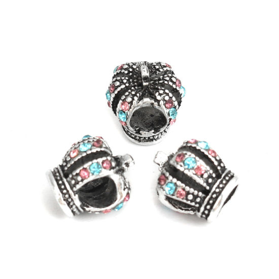 Image de Perles en Alliage de Zinc Couronne Argent Vieilli à Strass Bleu Creux 12mm x 12mm, Trou: env. 5.1mm, 5 Pcs