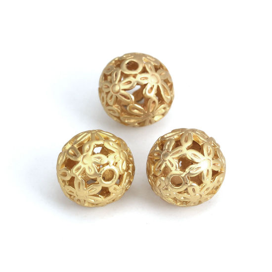 Immagine di Zinc Based Alloy Spacer Beads Round Matt Gold Flower Hollow About 14mm Dia., Hole: Approx 2.1mm, 5 PCs