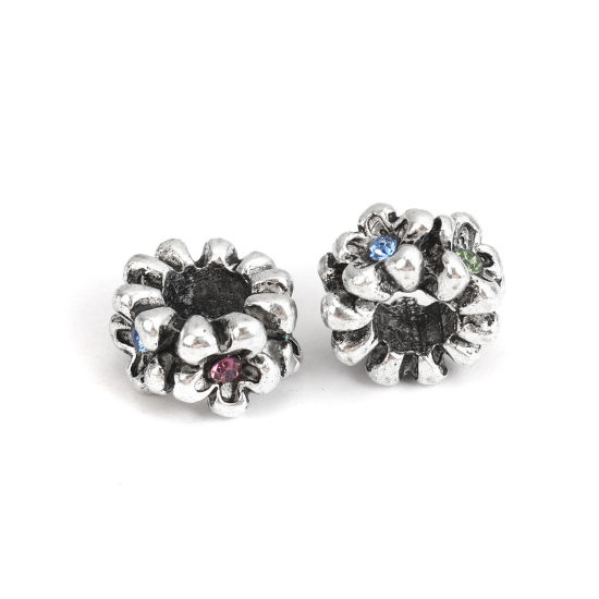 Immagine di Lega di Zinco Perline Tondo Argento Antico Fiore Scolpisce Multicolore Strass Filigrana Circa 12mm Dia, Foro:Circa 5.1mm, 10 Pz