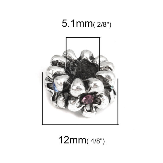 Immagine di Lega di Zinco Perline Tondo Argento Antico Fiore Scolpisce Multicolore Strass Filigrana Circa 12mm Dia, Foro:Circa 5.1mm, 10 Pz
