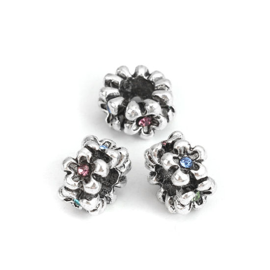 Immagine di Lega di Zinco Perline Tondo Argento Antico Fiore Scolpisce Multicolore Strass Filigrana Circa 12mm Dia, Foro:Circa 5.1mm, 10 Pz