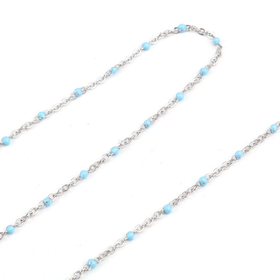 Picture of 304 Stainless Steel Link Cable Chain Silver Tone Light Blue Enamel 2.5x2mm, 1 M
