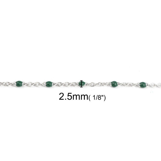 Picture of 304 Stainless Steel Link Cable Chain Silver Tone Dark Green Enamel 2.5x2mm, 1 M