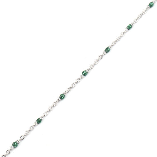 Picture of 304 Stainless Steel Link Cable Chain Silver Tone Green Enamel Glitter 2.5x2mm, 1 M