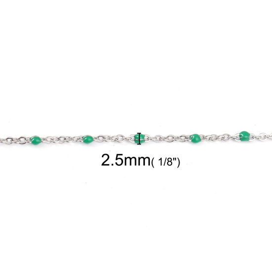 Picture of 304 Stainless Steel Link Cable Chain Silver Tone Green Enamel 2.5x2mm, 1 M