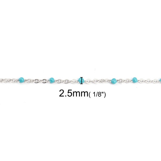Picture of 304 Stainless Steel Link Cable Chain Silver Tone Green Blue Enamel 2.5x2mm, 1 M