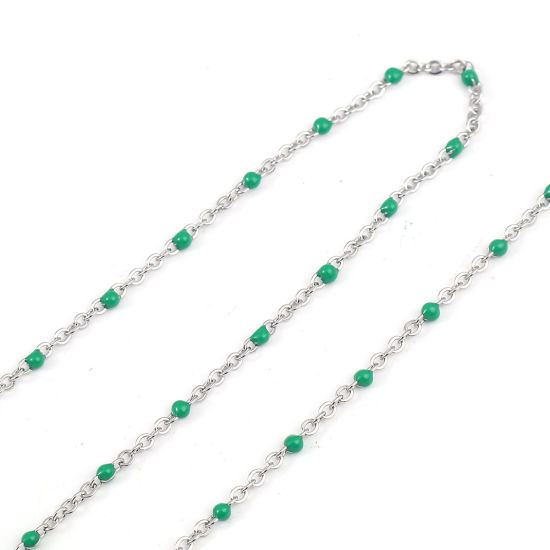 Picture of 304 Stainless Steel Link Cable Chain Silver Tone Green Enamel 2.5x2mm, 1 M