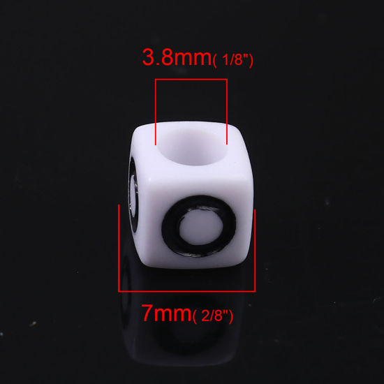 Immagine di Acrilato Separatori Perline Quadrato Nero & Bianco Lettera Maiuscola Lettere " O " Smalto Circa 7mm x 7mm, Foro: Circa 3.8mm, 200 Pz