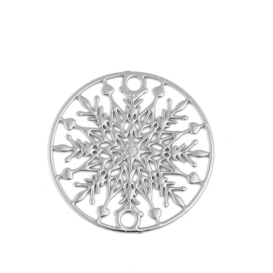 Picture of Brass Filigree Stamping Connectors Round Silver Tone Christmas Snowflake 20mm Dia., 10 PCs                                                                                                                                                                    