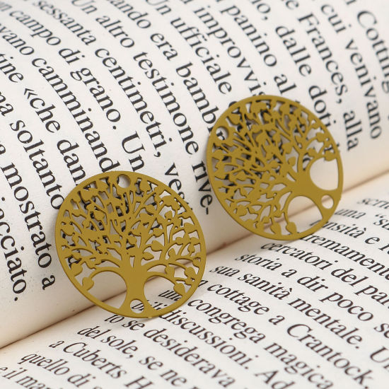 Picture of Brass Filigree Stamping Connectors Round Yellow-green Tree of Life 20mm Dia., 10 PCs                                                                                                                                                                          