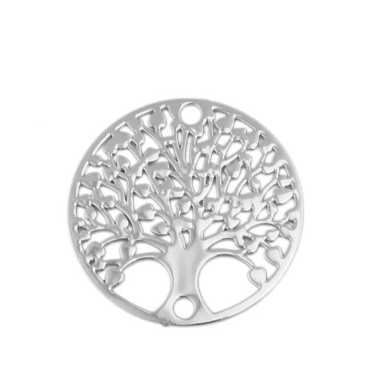 Picture of Brass Filigree Stamping Connectors Round Silver Tone Tree of Life 20mm Dia., 10 PCs                                                                                                                                                                           