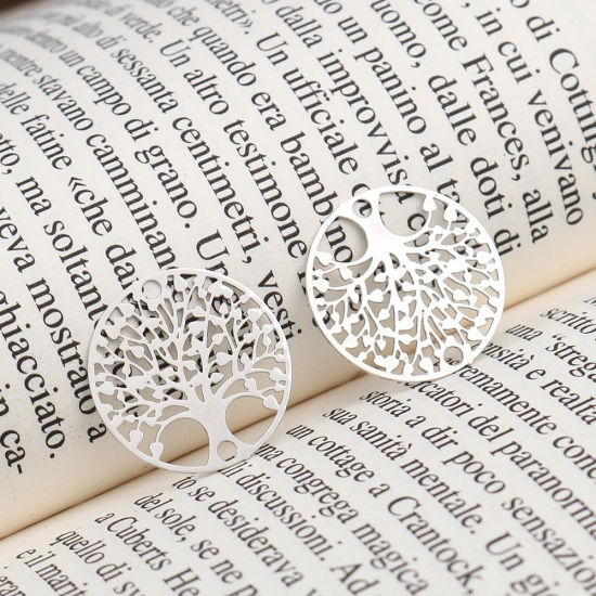 Picture of Brass Filigree Stamping Connectors Round Silver Tone Tree of Life 20mm Dia., 10 PCs                                                                                                                                                                           