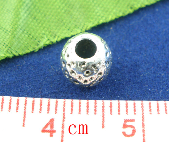 Picture of Zinc Based Alloy Hammered Spacer Beads Round Antique Silver Color Spot Carved About 7mm Dia, Hole:Approx 2.8mm, 50 PCs