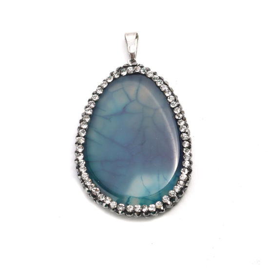 Image de (Classement A) Pendentifs en Cuivre + Agate ( Naturel ) Goutte d'Eau Argent Mat Bleu-Vert à Strass Noir & Transparent 4.8cm x 2.8cm, 1 Pièce