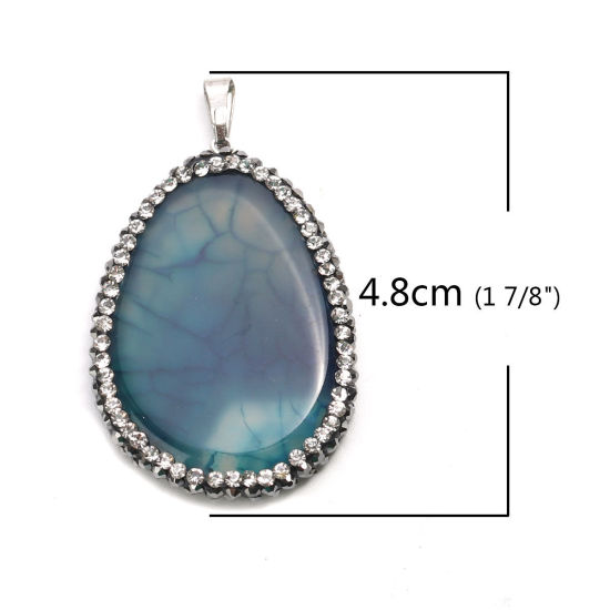 Image de (Classement A) Pendentifs en Cuivre + Agate ( Naturel ) Goutte d'Eau Argent Mat Bleu-Vert à Strass Noir & Transparent 4.8cm x 2.8cm, 1 Pièce