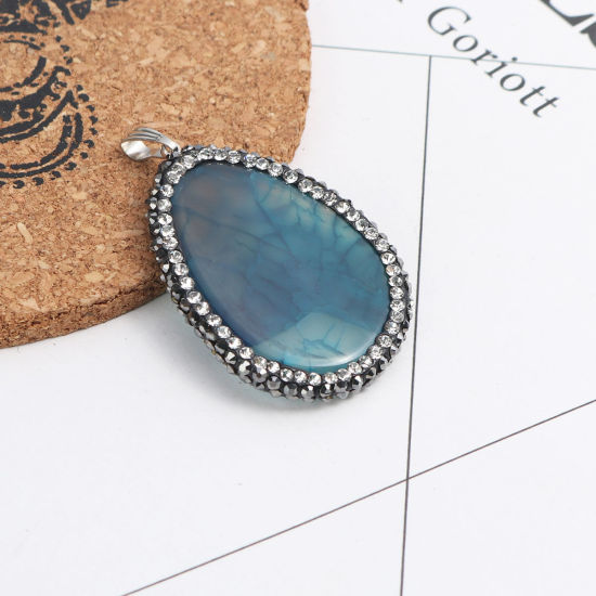 Image de (Classement A) Pendentifs en Cuivre + Agate ( Naturel ) Goutte d'Eau Argent Mat Bleu-Vert à Strass Noir & Transparent 4.8cm x 2.8cm, 1 Pièce