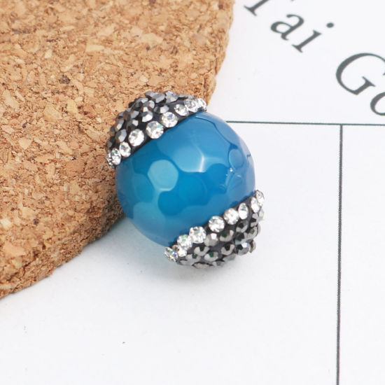 Bild von (Klasse A) Achat ( Natur ) Perlen Rund Blau Schwarz & Transparent Strass ca. 19mm x 14mm, Loch:ca. 1mm, 1 Stück