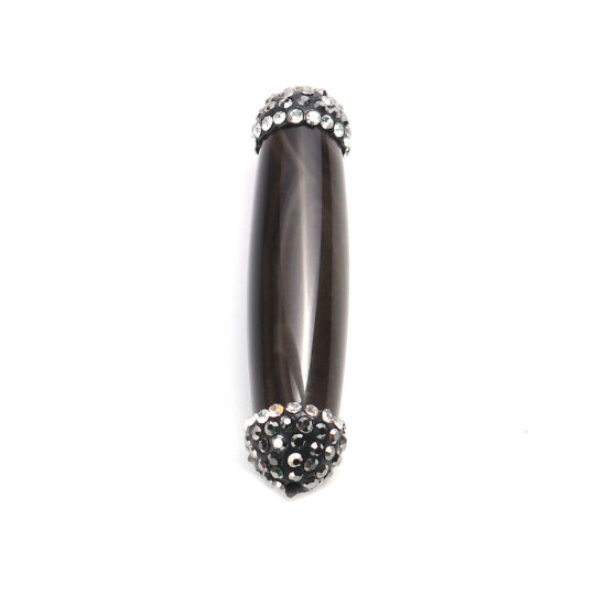 Picture of (Grade A) Agate ( Natural ) Beads Cylinder Dark Coffee Black & Clear Rhinestone About 4.8cm x 1.3cm, Hole: Approx 1mm, 1 Piece