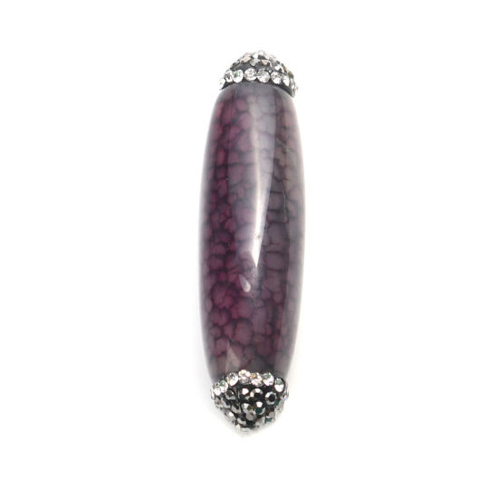 Picture of (Grade A) Agate ( Natural ) Beads Cylinder Dark Purple Black & Clear Rhinestone About 4.8cm x 1.3cm, Hole: Approx 1mm, 1 Piece