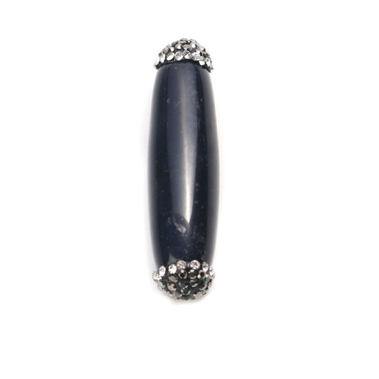 Picture of (Grade A) Agate ( Natural ) Beads Cylinder Black Black & Clear Rhinestone About 4.8cm x 1.3cm, Hole: Approx 1mm, 1 Piece