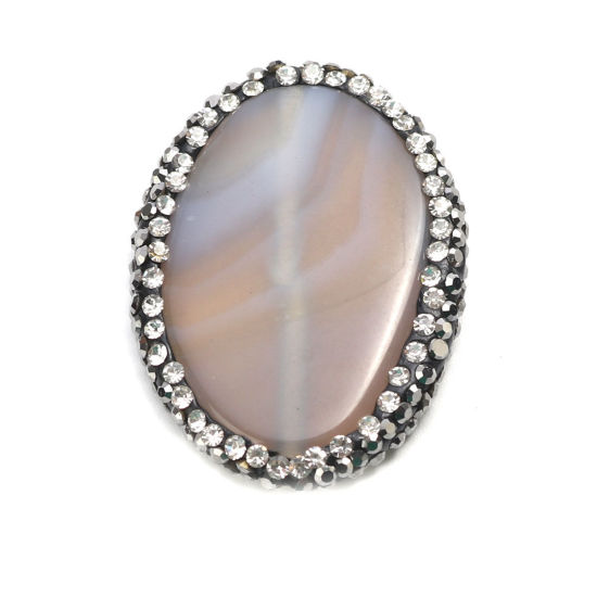 Picture of (Grade A) Agate ( Natural ) Beads Oval Light Brown Black & Clear Rhinestone About 4cm x 3cm, Hole: Approx 1mm, 1 Piece
