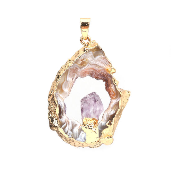 Picture of (Grade A) Agate ( Natural ) Pendants Irregular Gold Plated White & Purple Hollow 5.1cm x 3.2cm, 1 Piece