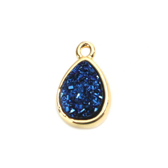 Picture of (Grade B) Copper & Crystal ( Synthetic ) Druzy/ Drusy Charms Gold Plated Deep Blue Drop 15mm x 9mm, 1 Piece