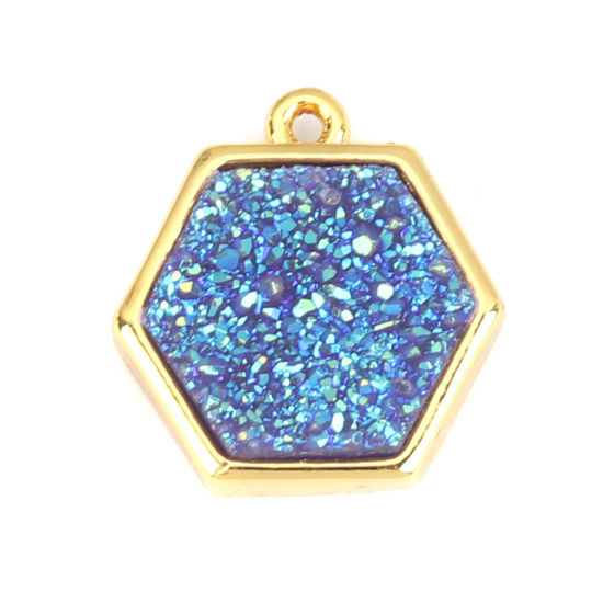 Image de (Classement B) Breloques Doré Druzy en Cristal ( Naturel ) Hexagone Bleu 15mm x 14mm, 1 Pièce