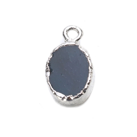 Picture of (Grade A) Copper & Agate ( Natural ) Charms Oval Silver Tone Black 22mm x 13mm, 1 Piece