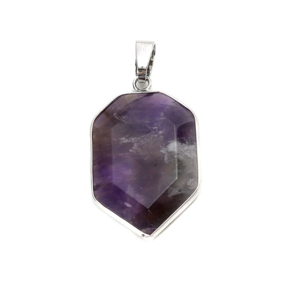 Picture of (Grade A) Crystal ( Natural ) Pendants Silver Tone Purple Polygon 4.3cm x 2.2cm, 1 Piece