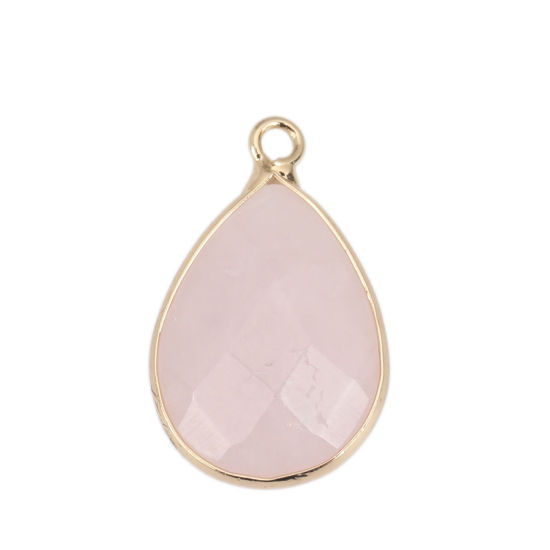 Picture of (Grade A) Rose Quartz ( Natural ) Charms Gold Plated Light Pink Drop Faceted 20mm x 13mm, 1 Piece