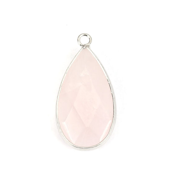 Picture of (Grade A) Rose Quartz ( Natural ) Pendants Silver Tone Light Pink Drop 3.3cm x 1.6cm, 1 Piece
