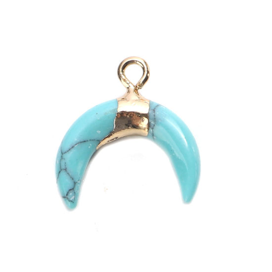 Picture of (Grade B) Copper & Turquoise ( Natural ) Charms Gold Plated Green Blue Half Moon 16mm x 16mm, 1 Piece