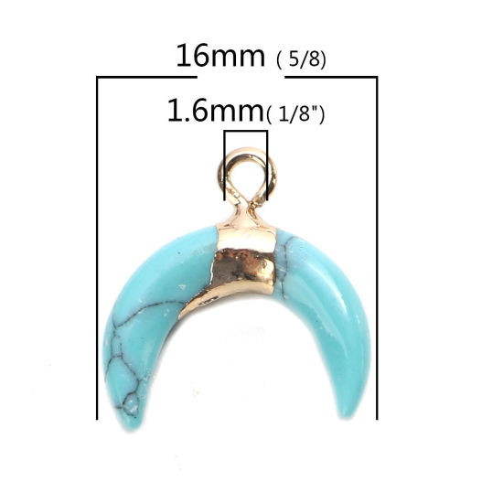 Picture of (Grade B) Copper & Turquoise ( Natural ) Charms Gold Plated Green Blue Half Moon 16mm x 16mm, 1 Piece