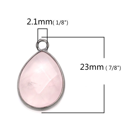 Picture of (Grade A) Copper & Rose Quartz ( Natural ) Charms Gunmetal Light Pink Drop Faceted 23mm x 14mm, 1 Piece
