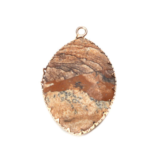 Picture of (Grade A) Stone ( Natural ) Pendants Gold Plated Brown Leaf 40mm x 26mm, 1 Piece