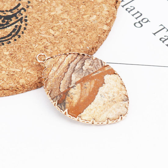 Picture of (Grade A) Stone ( Natural ) Pendants Gold Plated Brown Leaf 40mm x 26mm, 1 Piece