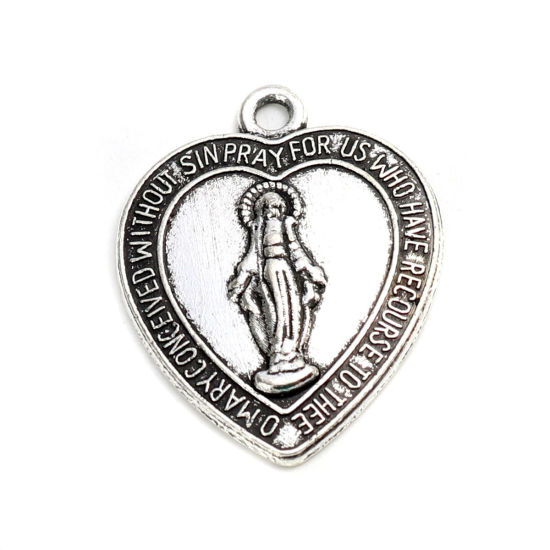 Picture of 20 PCs Zinc Based Alloy Religious Charms Antique Silver Color Heart Jesus Message " Mary Conceived Without Sin Pray For Us Who Have Recourse To Thee " 22mm x 17mm