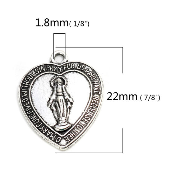 Picture of 20 PCs Zinc Based Alloy Religious Charms Antique Silver Color Heart Jesus Message " Mary Conceived Without Sin Pray For Us Who Have Recourse To Thee " 22mm x 17mm