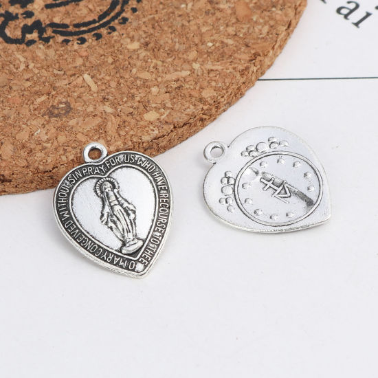 Picture of 20 PCs Zinc Based Alloy Religious Charms Antique Silver Color Heart Jesus Message " Mary Conceived Without Sin Pray For Us Who Have Recourse To Thee " 22mm x 17mm