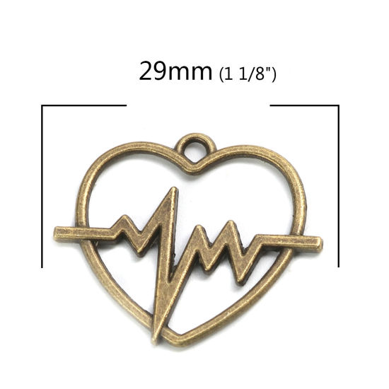 Image de Breloques en Alliage de Zinc Cœur Bronze Antique Electrocardiogramme 29mm x 24mm, 20 Pcs