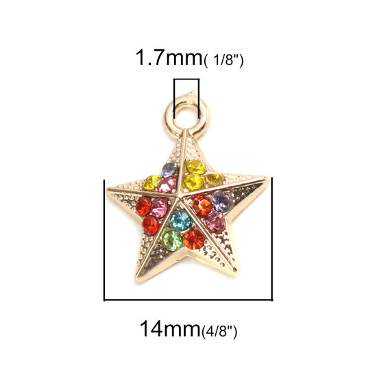 Изображение Цинковый Сплав Подвески Звезда Позолоченный Разноцветный Страз 16мм x 14мм, 10 ШТ