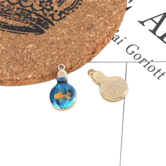 Picture of Zinc Based Alloy Charms Bulb Gold Plated Lake Blue Fish Enamel 22mm x 12mm, 10 PCs